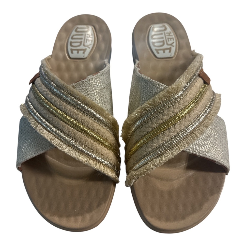 Hey Dude Christi Slide Novelty Fringe Natural Gold Sandals Womens 9